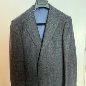 Suit Supply Slim Lazio Suit Wool & Cashmere Mix 38L Grey with Blue Pattern
